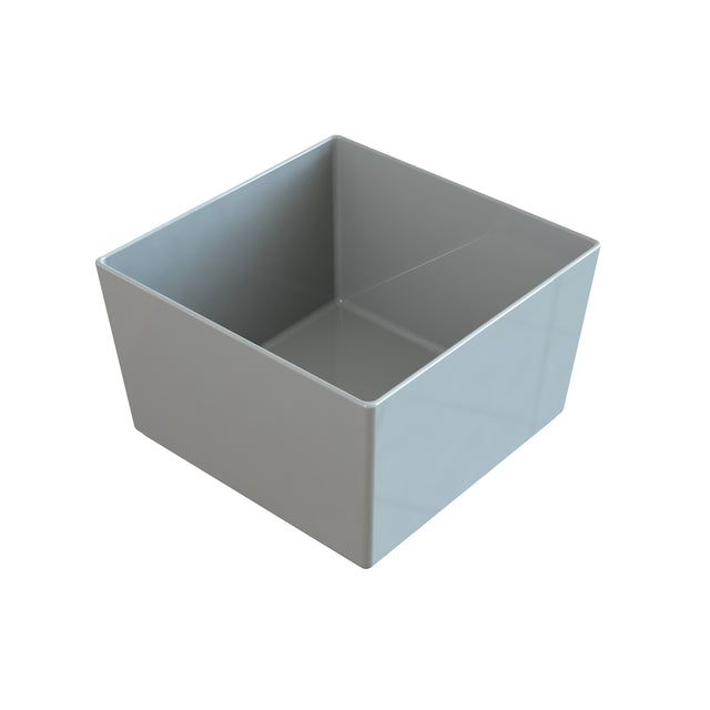 A 3D-rendered, empty gray square cast aluminum bowl with smooth surfaces and sharp edges, viewed from a slightly elevated angle against a white background. The inside and outside of the bowl are visible.