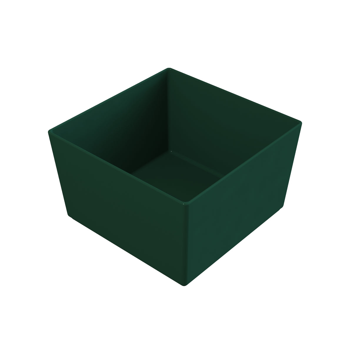 A plain, dark green, square-shaped container with straight sides and an open top, set against a white background. The container appears to be a cold holding bowl made of plastic and is empty.