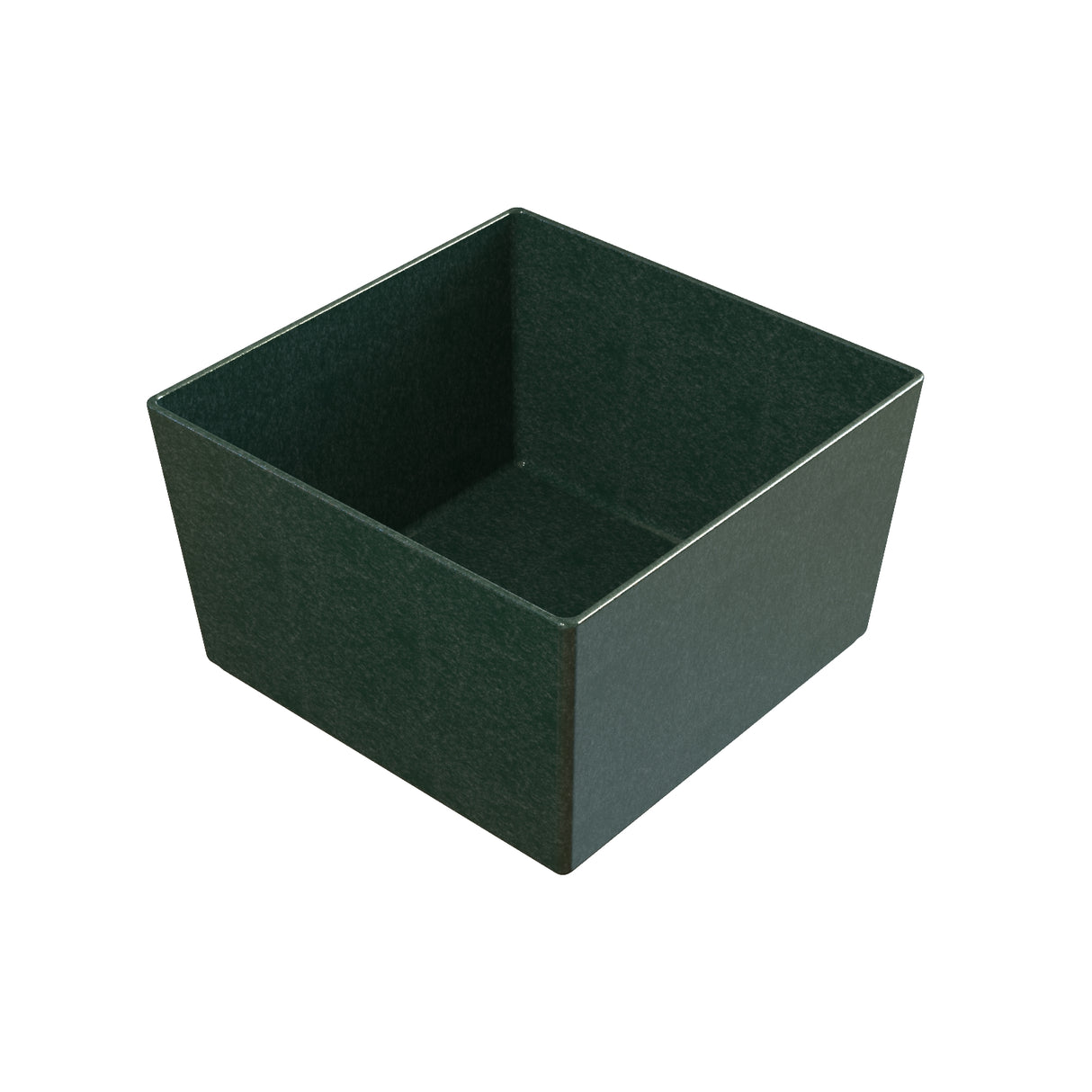 A green, square-shaped, open-top container with smooth sides and sharp corners, viewed from a slightly elevated angle, showing the interior and two exterior sides. This cast aluminum bowl appears sturdy and is likely dishwasher safe.