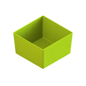 A bright green, empty, square-shaped cold holding bowl with smooth surfaces and sharp corners, shown from an elevated angle on a white background. The inside and outside of this dishwasher safe bowl are visible.