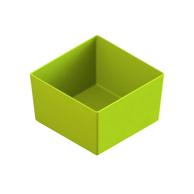 A bright green, empty, square-shaped cold holding bowl with smooth surfaces and sharp corners, shown from an elevated angle on a white background. The inside and outside of this dishwasher safe bowl are visible.