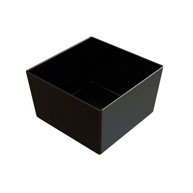 A black, square, open-top cast aluminum bowl with slightly glossy sides and tiny white speckles evenly distributed on the outside, resembling a starry night sky. The bowl is empty and viewed from a front angle against a white background.