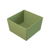 A green, square-shaped, empty plastic container with straight sides and a smooth surface, shown on a white background with a slight angle revealing the interior. This cold holding bowl is perfect for keeping contents fresh.