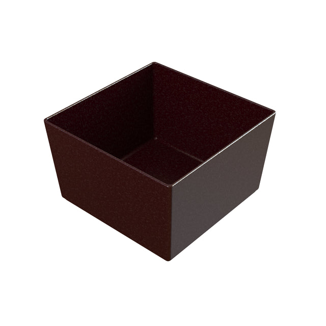 A square, dark brown, empty cast aluminum bowl with smooth sides and a slightly glossy finish is shown against a white background, viewed from above and at an angle.