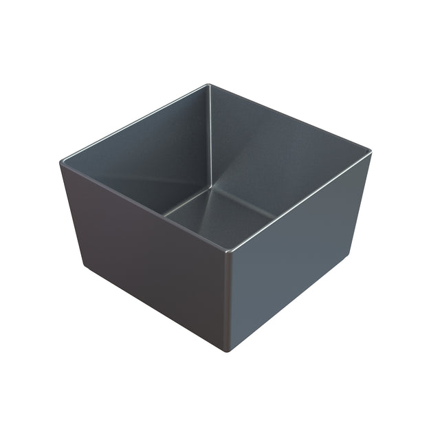 A simple, empty, square-shaped metallic bowl made from sand cast aluminum with smooth sides and sharp edges, shown at a slight angle on a white background. The open top reveals its clean, reflective, and temperature resistant interior surface.