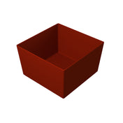 A simple, empty, square-shaped cast aluminum bowl with straight sides, shown in a solid dark red color, viewed from an angled perspective on a plain white background.