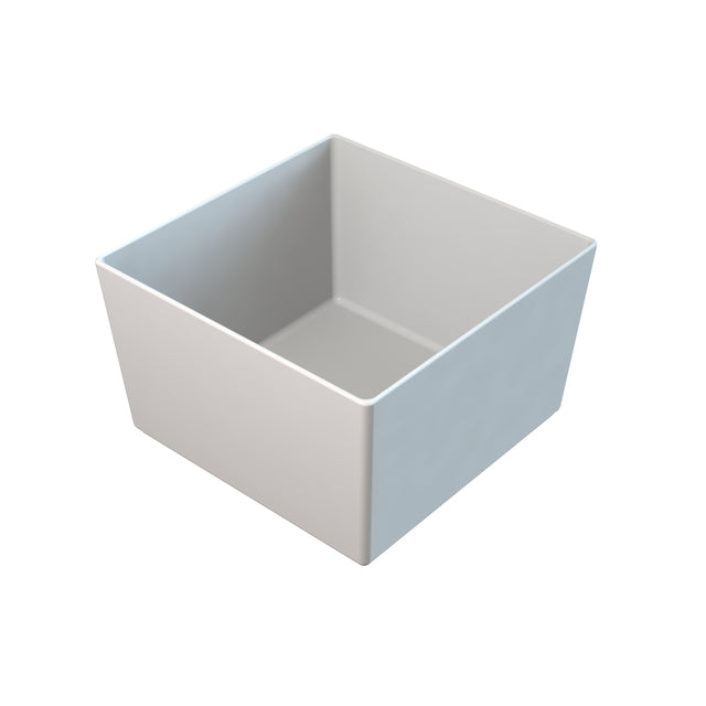 A plain, empty, white, square ceramic bowl with smooth surfaces and sharp edges, shown against a white background and viewed from a slightly elevated angle, ideal as a dishwasher safe bowl for easy cleaning.