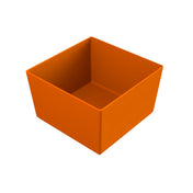 A plain, orange, square-shaped container with smooth sides and an open top, viewed at an angle showing the inside and two outer sides; the NSF dishwasher safe bowl appears to be made of plastic and is set against a white background.