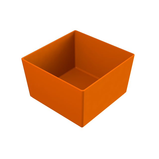 A plain, orange, square-shaped container with smooth sides and an open top, viewed at an angle showing the inside and two outer sides; the NSF dishwasher safe bowl appears to be made of plastic and is set against a white background.