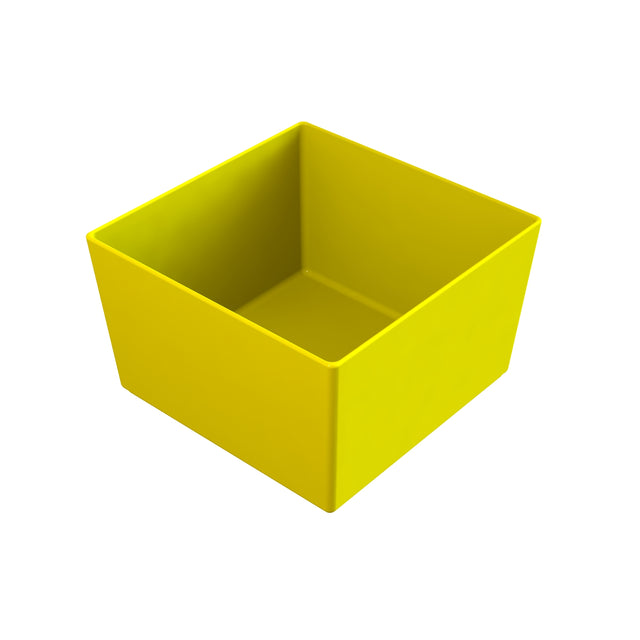 A bright yellow, empty, square plastic container with smooth sides, viewed from a high angle against a white background. The dishwasher safe bowl’s interior and edges are clearly visible, and there are no markings or decorations on its surface.