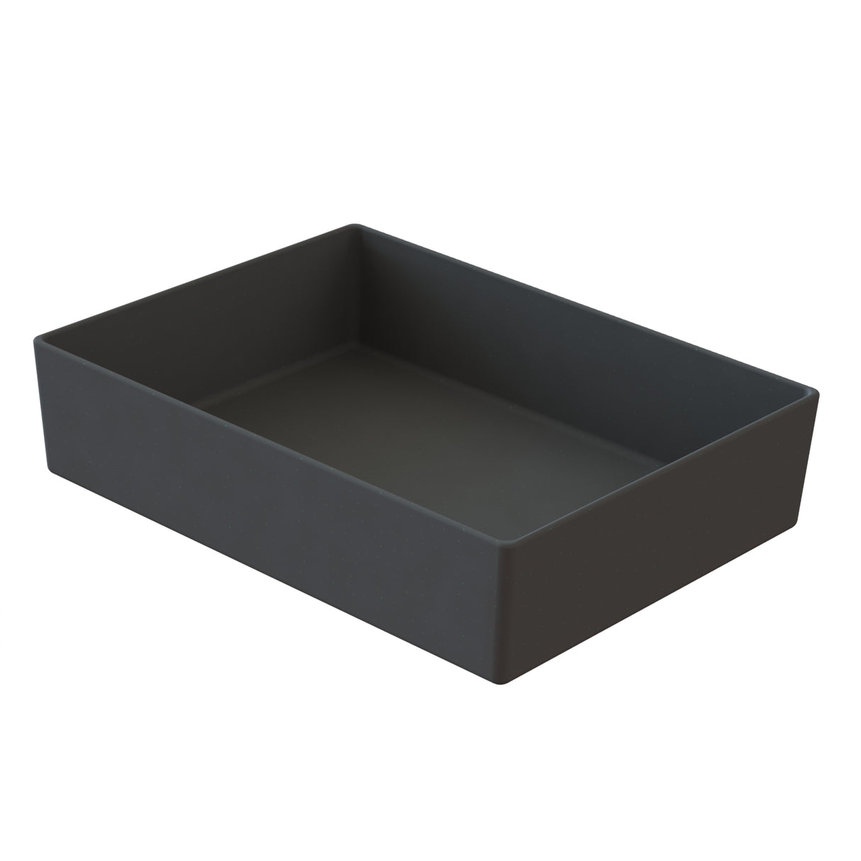 A rectangular, deep, matte black tray crafted from cast aluminum with straight edges and smooth surfaces. The empty tray is photographed on a white background, highlighting its simple, modern design ideal for cold holding.