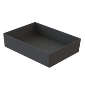 A rectangular, deep, matte black tray crafted from cast aluminum with straight edges and smooth surfaces. The empty tray is photographed on a white background, highlighting its simple, modern design ideal for cold holding.