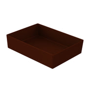 A rectangular, deep brown tray with high sides is shown on a white background. Made of smooth plastic, this empty dishwasher safe tray is angled to display its interior and two sides.
