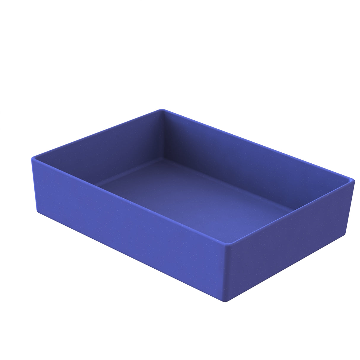 A rectangular, deep blue plastic tray is shown on a white background. With smooth, clean edges and a matte finish, this dishwasher safe bowl features straight sides and no handles. It appears empty and is oriented at a slight angle.
