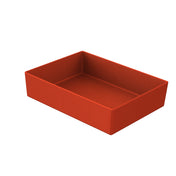 A rectangular, open-top, red plastic box with smooth sides and a flat bottom, viewed at an angle against a plain white background. The box appears empty and simple in design, resembling a cold holding bowl in its practicality.