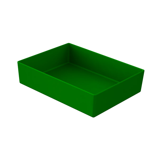 A rectangular, shallow green plastic tray with straight sides and sharp corners is shown against a plain white background. Dishwasher safe, the tray is empty and viewed at an angle, displaying its depth and interior.