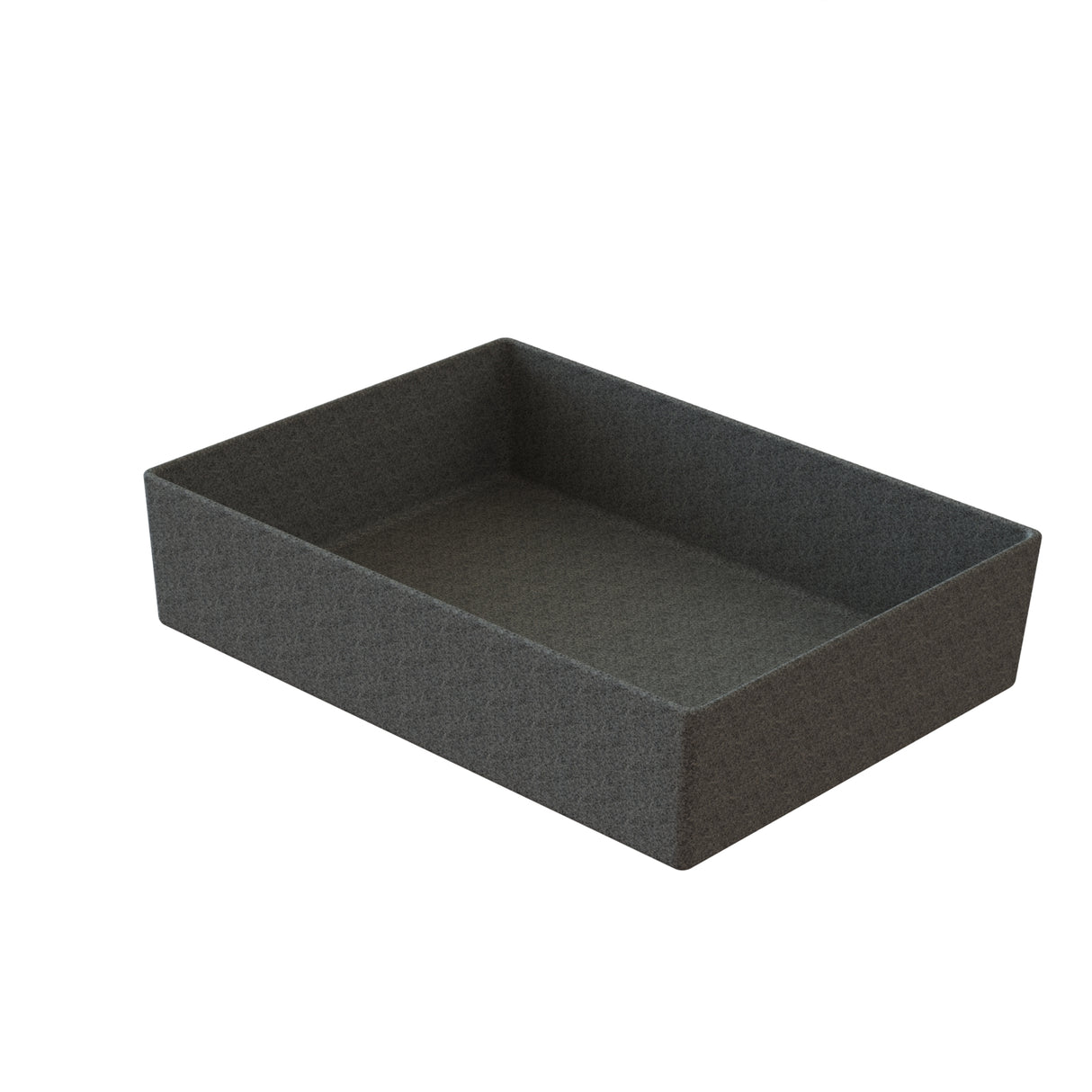 A rectangular, dark gray fabric storage box with tall sides and an open top is shown on a white background. The box appears empty and is positioned at a slight angle, much like a dishwasher safe bowl ready for use.