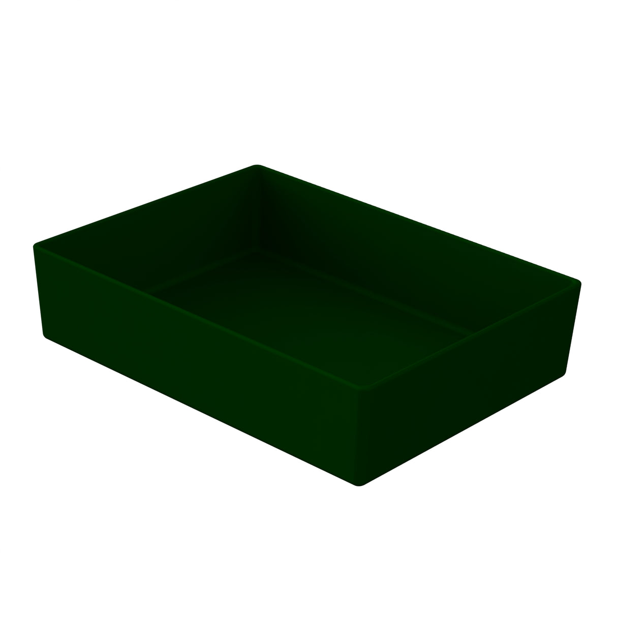 A rectangular, deep, dark green cast aluminum bowl with high sides is pictured against a plain white background. The bowl appears empty and is shown at an angle, revealing both the interior and two sides.