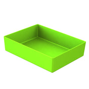A rectangular, open-top box made of smooth, solid green plastic. The dishwasher safe box has straight sides and sharp corners, and it is empty. The image is shown on a plain white background.