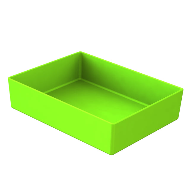 A rectangular, open-top box made of smooth, solid green plastic. The dishwasher safe box has straight sides and sharp corners, and it is empty. The image is shown on a plain white background.