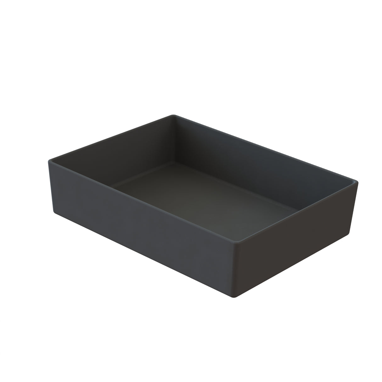 A rectangular, deep, matte black tray with straight sides and rounded interior corners, made from Duracoat coated cast aluminum. Shown empty on a white background, this tray is dishwasher safe for easy cleaning.