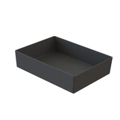 A rectangular, deep, matte black tray with straight sides and rounded interior corners, made from Duracoat coated cast aluminum. Shown empty on a white background, this tray is dishwasher safe for easy cleaning.