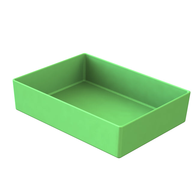 A rectangular, open-top, green plastic box is shown on a white background. The box has straight sides and sharp corners, with a smooth, matte surface and is dishwasher safe for easy cleaning. No visible markings or handles are present.