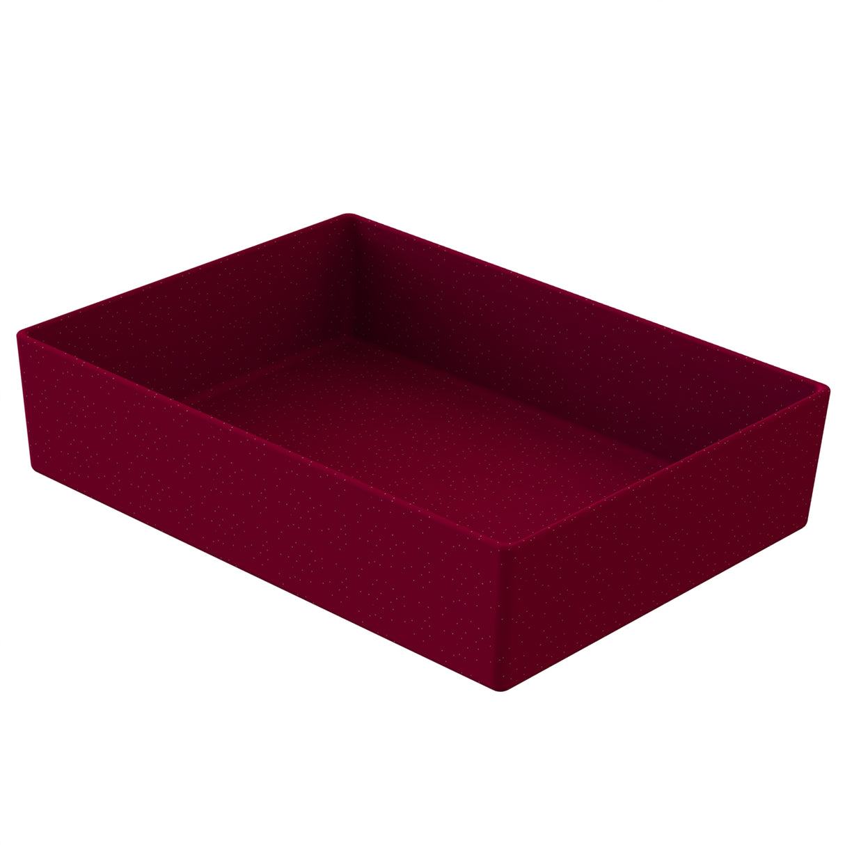 A rectangular, open, deep tray with tall sides, covered in dark red fabric with a subtle dotted pattern. This cold holding bowl is empty and positioned on a plain white background, shown at an angle revealing both the inside and outside surfaces.