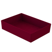 A rectangular, open, deep tray with tall sides, covered in dark red fabric with a subtle dotted pattern. This cold holding bowl is empty and positioned on a plain white background, shown at an angle revealing both the inside and outside surfaces.
