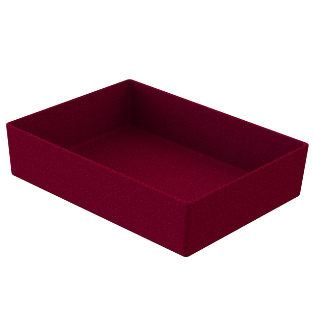 A rectangular, open, deep tray with tall sides, covered in dark red fabric with a subtle dotted pattern. This cold holding bowl is empty and positioned on a plain white background, shown at an angle revealing both the inside and outside surfaces.
