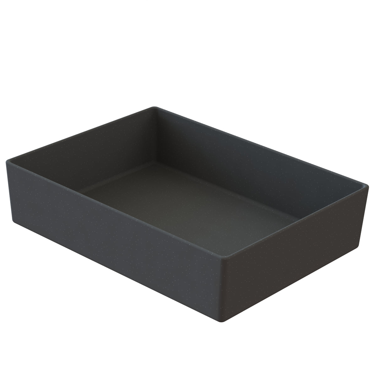 A rectangular, deep, black cold holding bowl with straight sides and a smooth surface, shown empty against a white background. The tray has a matte finish and appears made of plastic or a similar material.