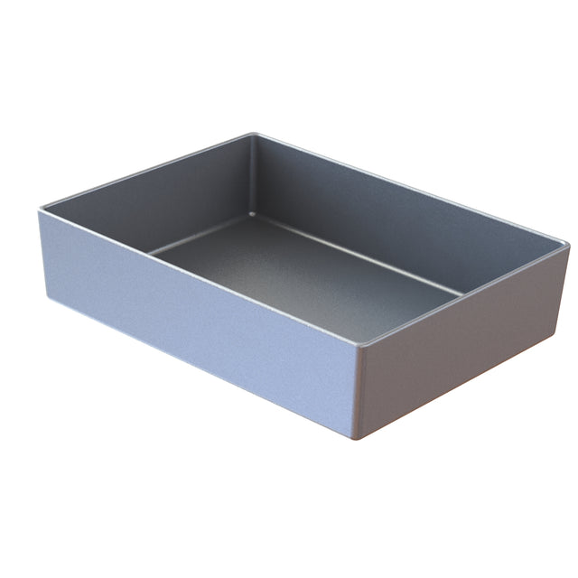 A rectangular NSF rectangular bowl with high straight sides and a smooth silver-gray finish is shown on a white background, angled to display the inside and two exterior edges. The metal baking pan appears clean and empty.