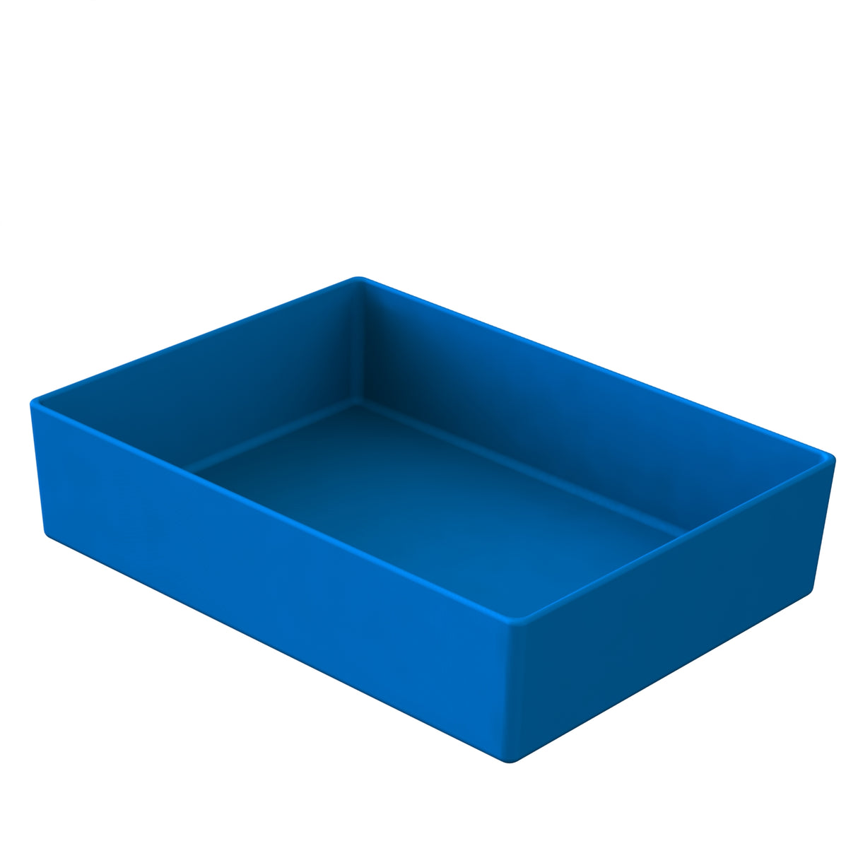 A blue rectangular plastic tray with high sides, shown at a slight angle against a white background. The tray is empty, has smooth surfaces with no visible markings or textures, and is dishwasher safe for easy cleaning.