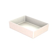 A rectangular, shallow, white cast aluminum bowl is shown at an angle on a plain white background. The bowl has high sides, smooth surfaces, and an open top, revealing its empty interior.