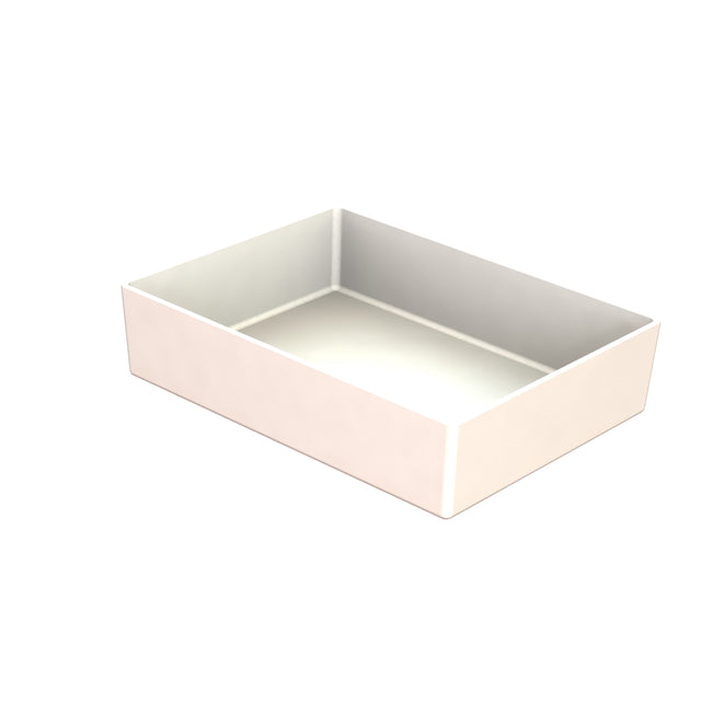 A rectangular, shallow, white cast aluminum bowl is shown at an angle on a plain white background. The bowl has high sides, smooth surfaces, and an open top, revealing its empty interior.