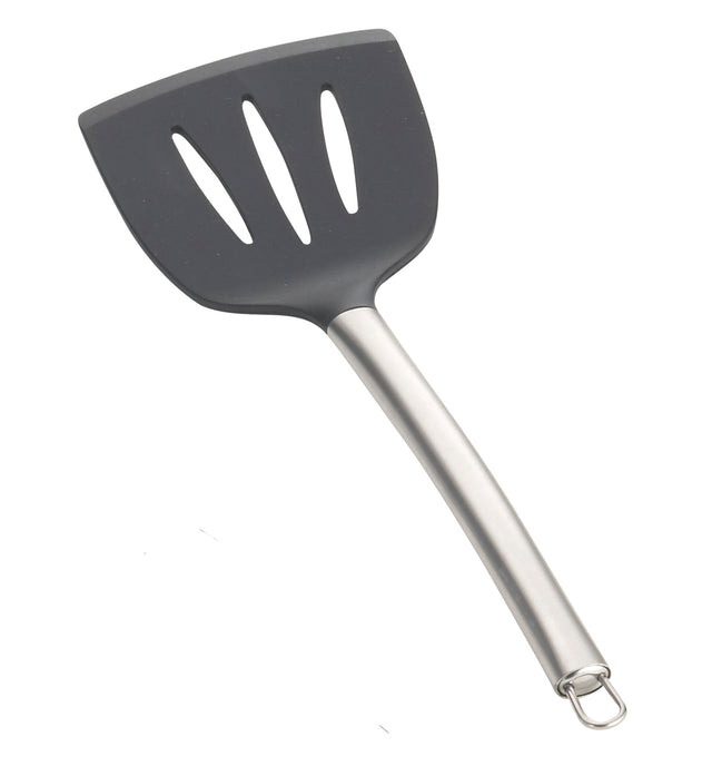 A slotted serving spatula with a black, wide, silicone head featuring three elongated holes and a curved stainless steel handle ending in a metal hanging loop. The spatula is set against a plain white background.