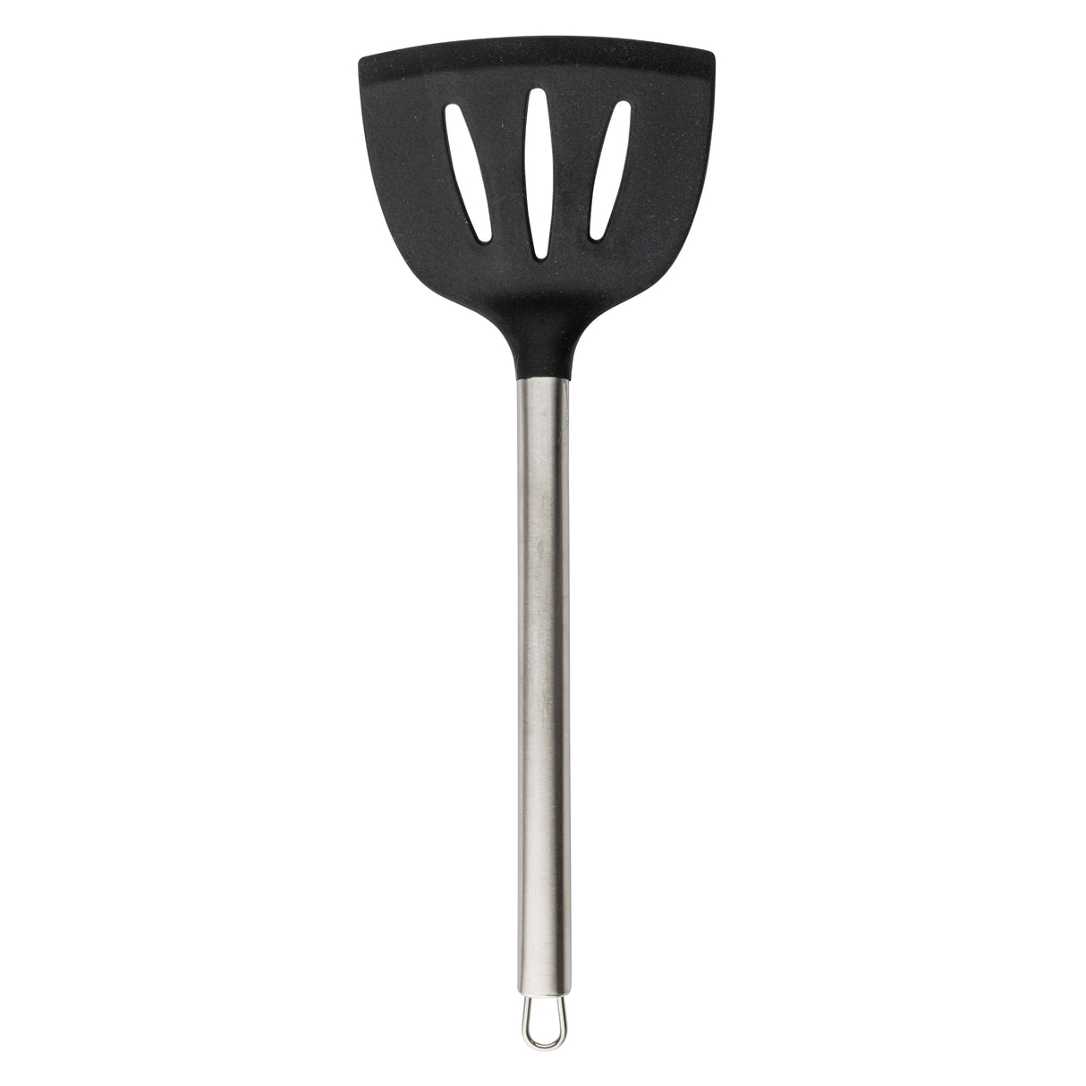 A black serving spatula with a wide, silicone head featuring three vertical slots and a long stainless steel handle with a loop for hanging, shown against a white background.