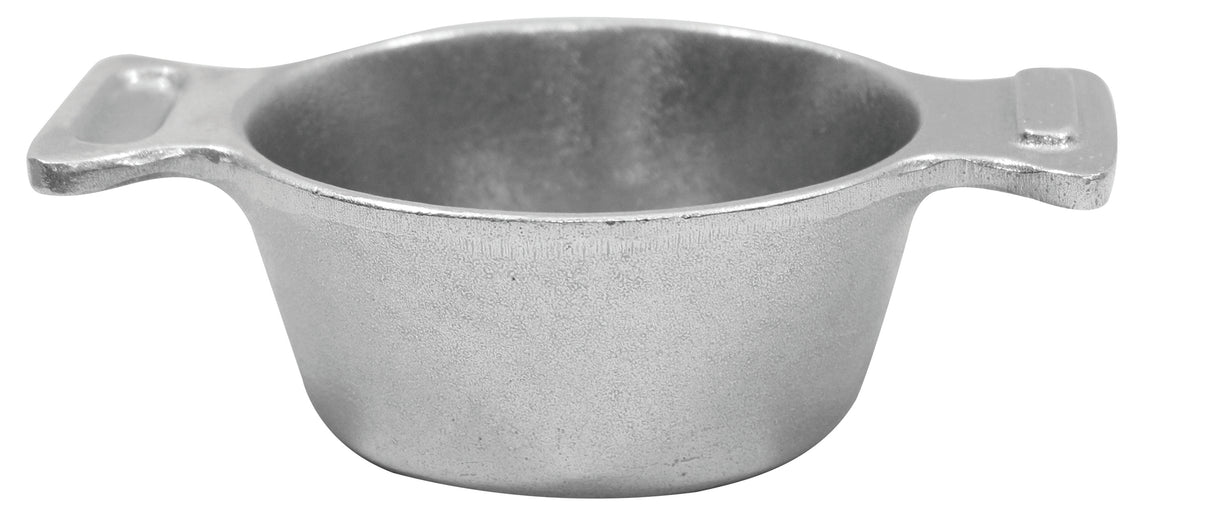 A small, round Mini Server made from Duracoat coated cast aluminum with thick walls, shallow depth, and two flat handles. Its matte, slightly rough surface sits against a plain white background—ideal for cold holding.