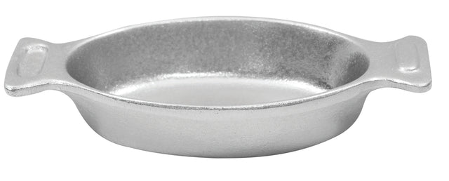 A shallow, round Mini Server crafted from cast aluminum with two flat, wide handles on opposite sides, photographed on a white background. The slightly rough, matte finish makes it ideal for cold holding and stylish tabletop presentations.