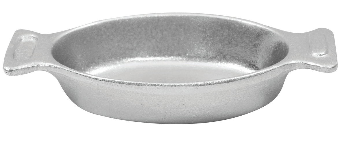 A round, shallow, silver-colored cast aluminum Mini Server dish with two flat, rectangular handles on opposite sides. Its matte, slightly textured surface is ideal for cold holding and is displayed empty against a white background.