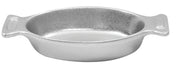 A round, shallow, silver-colored cast aluminum Mini Server dish with two flat, rectangular handles on opposite sides. Its matte, slightly textured surface is ideal for cold holding and is displayed empty against a white background.