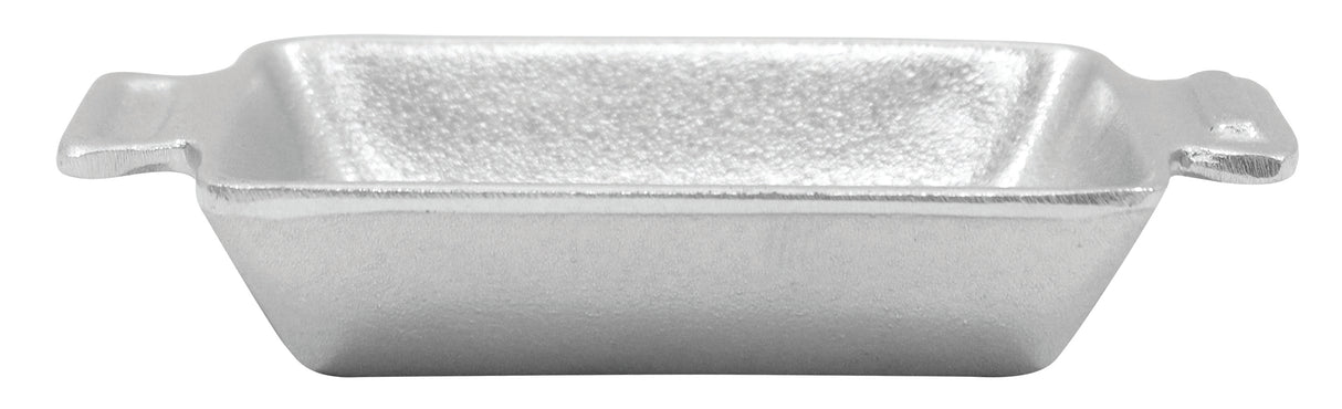 A rectangular cast aluminum ingot mold with slightly angled sides, a flat base, and two short handles on opposite ends. The textured surface enhances grip, making it ideal for cold holding applications. Shown against a white background.