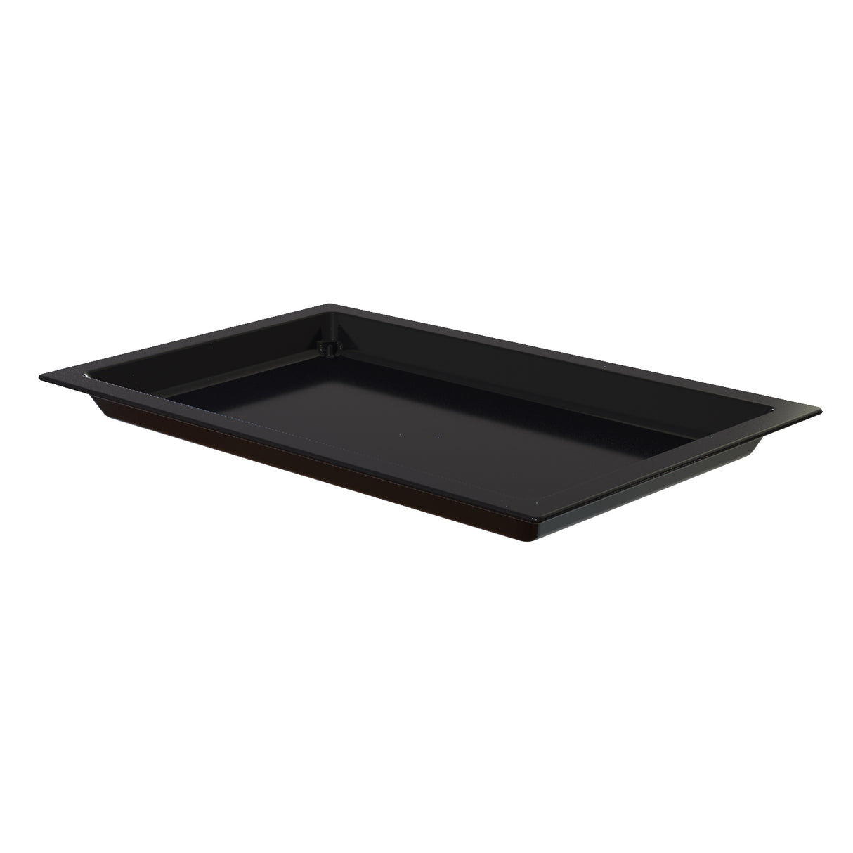 A rectangular, black Aurora Collection Food Pan with slightly slanted sides and a flat base, photographed on a white background. The tray features a glossy finish and is ideal as a cold holding food pan with no visible handles or designs.