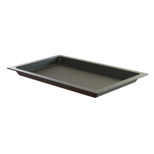 A rectangular, shallow Duracoat coated cast aluminum baking pan with slightly angled sides and a flat rim sits empty on a white background. This nonstick Aurora Collection Food Pan is shown from a slight angle to highlight its depth.
