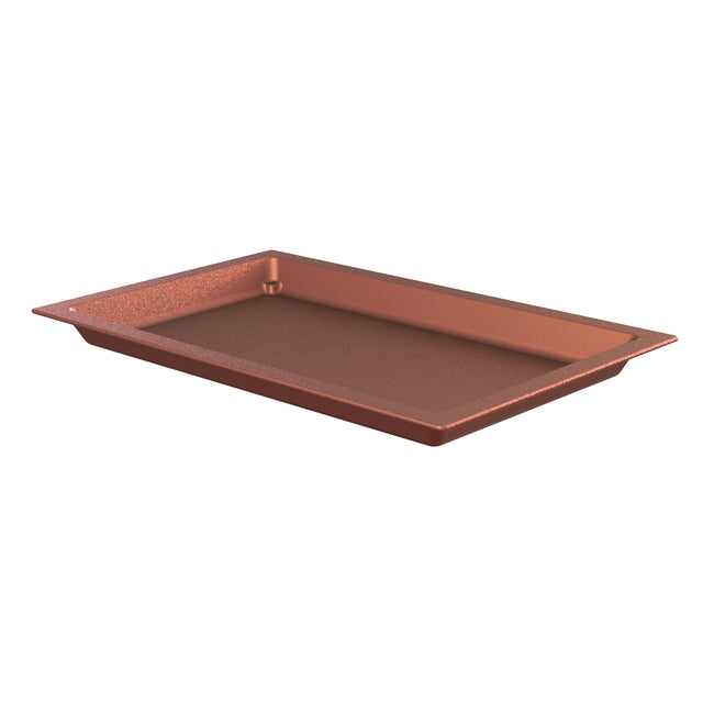 A rectangular copper-colored Aurora Collection Food Pan with raised edges, shown on a white background. The Duracoat coated cast aluminum pan features a non-stick surface and slightly angled sides, ideal for baking or roasting food in an oven.