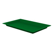 A rectangular, flat, green plastic food pan tray with slightly raised edges is shown on a white background. The tray has a smooth surface and gently sloped sides, offering a simple, functional appearance for cold holding needs.