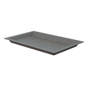 A rectangular, shallow, gray tray from the Aurora Collection Food Pan line with slightly raised angled edges. The Duracoat coated cast aluminum gives it a smooth, matte finish. The cold holding food pan is empty, viewed from an angle against a white background.