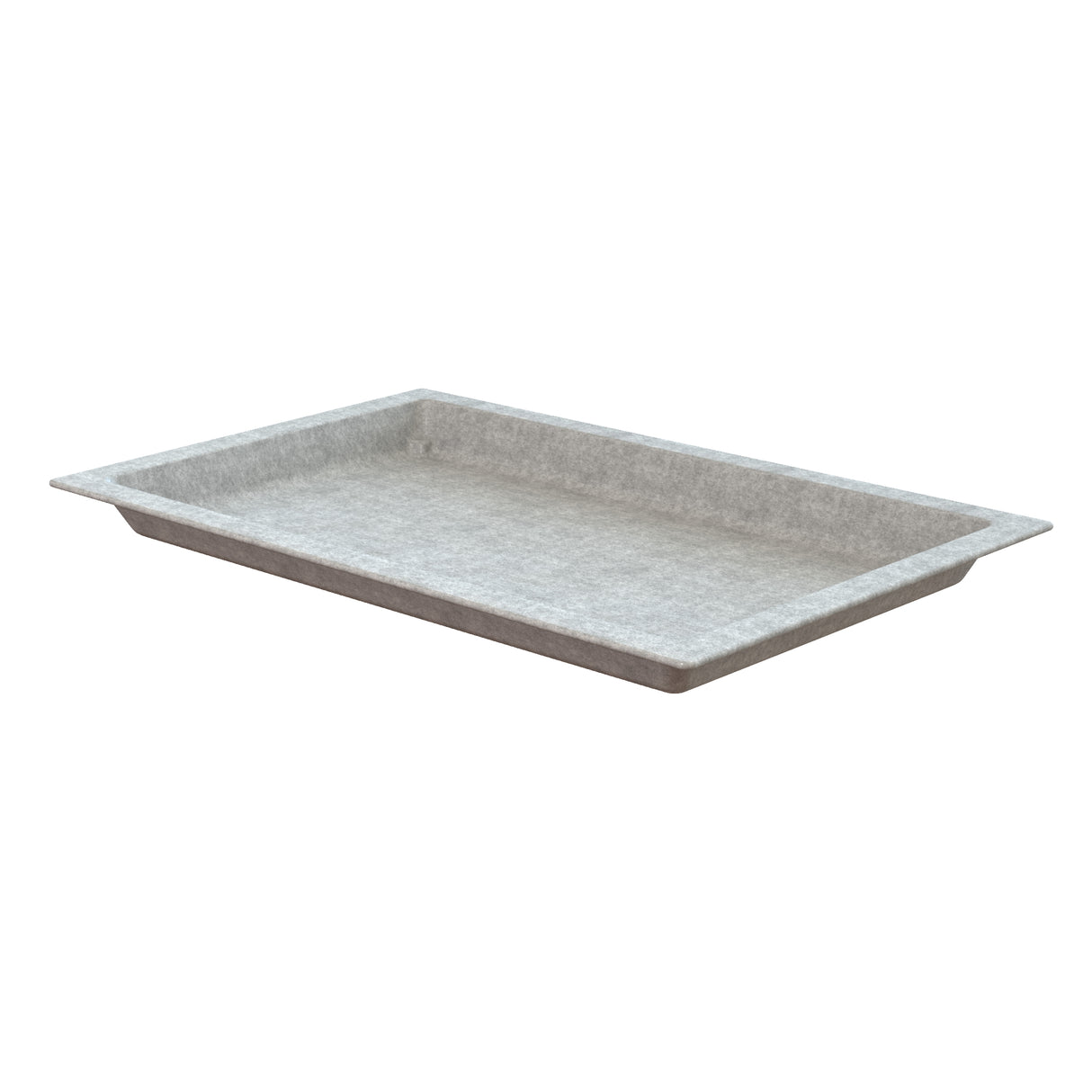 A rectangular, shallow, gray tray from the Aurora Collection Food Pan line with slightly angled sides and a flat bottom. The Duracoat coated cast aluminum material appears textured, ideal for cold holding food. Photographed to show depth and raised edges.