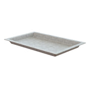A rectangular, shallow, gray tray from the Aurora Collection Food Pan line with slightly angled sides and a flat bottom. The Duracoat coated cast aluminum material appears textured, ideal for cold holding food. Photographed to show depth and raised edges.