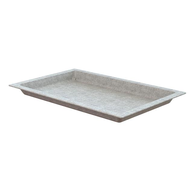 A rectangular, shallow, gray tray from the Aurora Collection Food Pan line with slightly angled sides and a flat bottom. The Duracoat coated cast aluminum material appears textured, ideal for cold holding food. Photographed to show depth and raised edges.